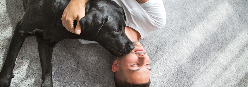 Mann liegt mit schwarzen Hund auf dem Boden