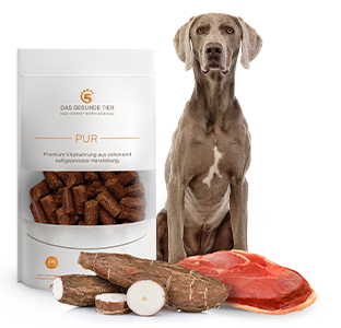Produktabbildung von kaltgepresstes Hundefutter PUR. Davor liegen die Zutaten.
