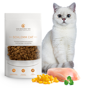 Produktabbildung von Glutenfreies Premium Katzenfutter SCHLEMM CAT. Davor liegen die Zutaten.