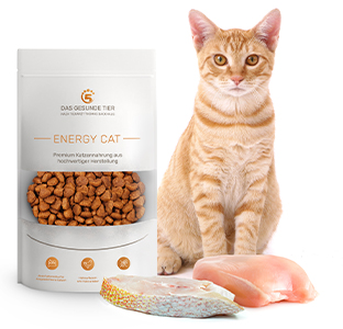 Produktabbildung von Glutenfreies Premium Katzenfutter ENERGY CAT. Davor liegen die Zutaten.