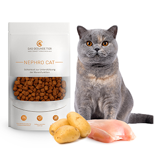 Produktabbildung von NEPHRO CAT Proteinarmes Schonkosttrockenfutter Katze. Davor liegen die Zutaten.