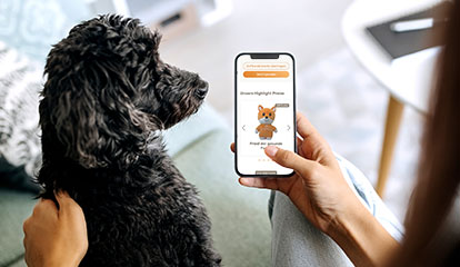 Person sitzt mit einem schwarzen Hund auf Sofa und hält ein Smartphone mit einer Bonusprogramm-App für Haustiere in der Hand.