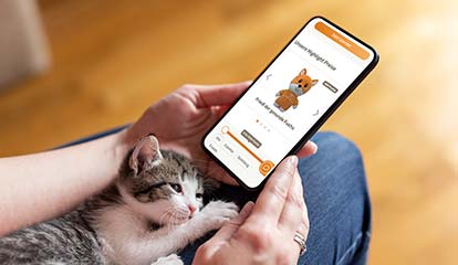 Eine kleine Katze liegt auf dem Schoss einer Frau. Sie schaut sich auf dem Smartphone das Bonusprogramm von Das Gesunde Tier an.