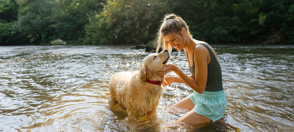 Lächelnde junge Frau badet im Sommer mit ihrem Golden Retriever im Fluss.